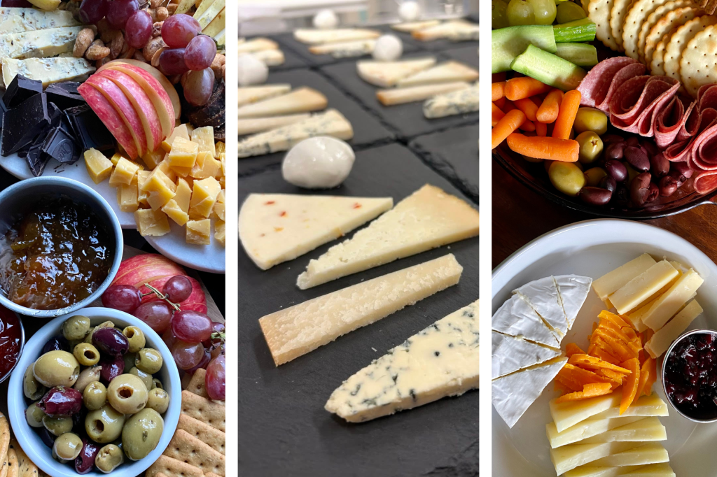 three images of various cheese plates and grazing boards